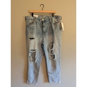 HM &Denim Womens Ultra High Waist Mom Jeans Light Wash Distressed Size 16 NEW